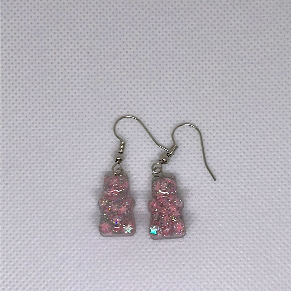 Pink stars and silver glitter gummy bears earrings